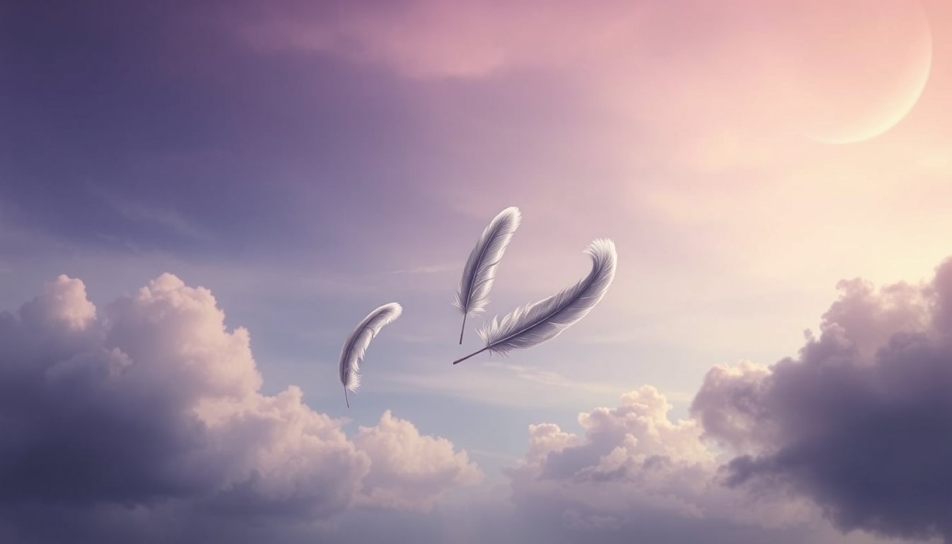 Feathers drifting through a soft violet sky with drifting clouds — air signs Gemini Libra Aquarius, intellect and freedom