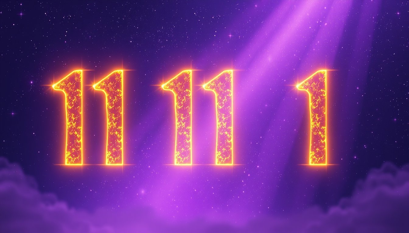 Three glowing golden 111s floating in a deep violet starry sky — angel number 111 meaning, alignment and manifestation