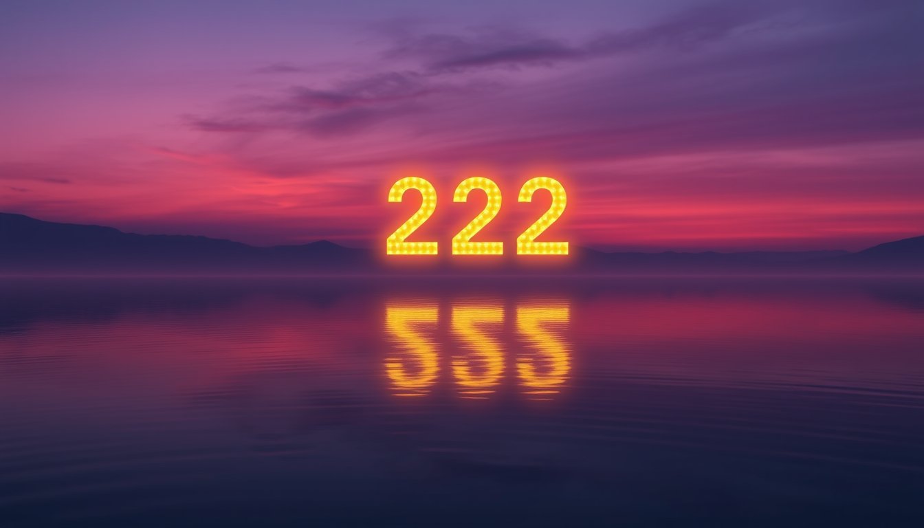 Three glowing golden 222s floating above a calm twilight lake — angel number 222 meaning, balance and trust