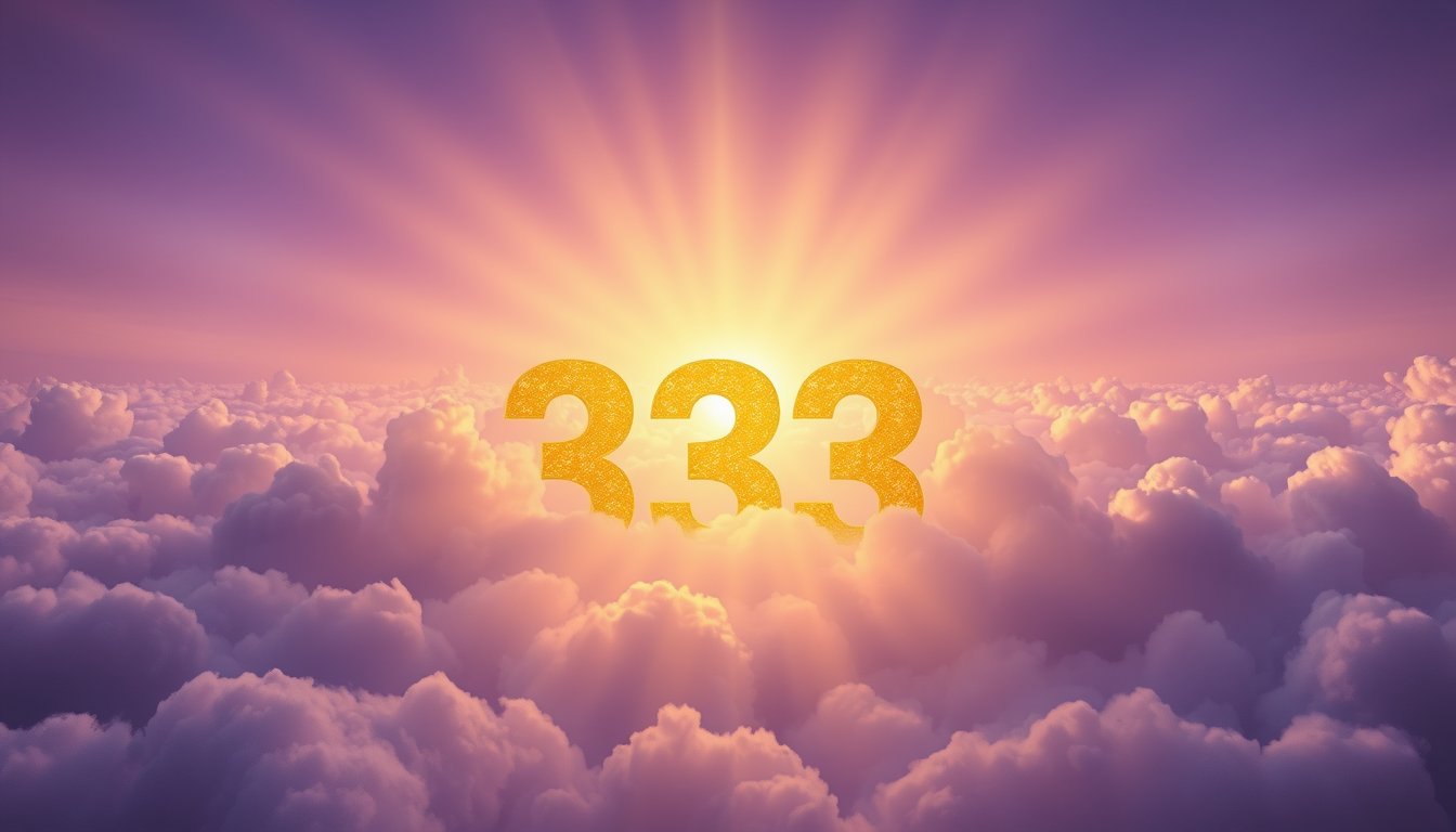 Three glowing golden 333s rising among soft clouds and light — angel number 333 meaning, support and encouragement