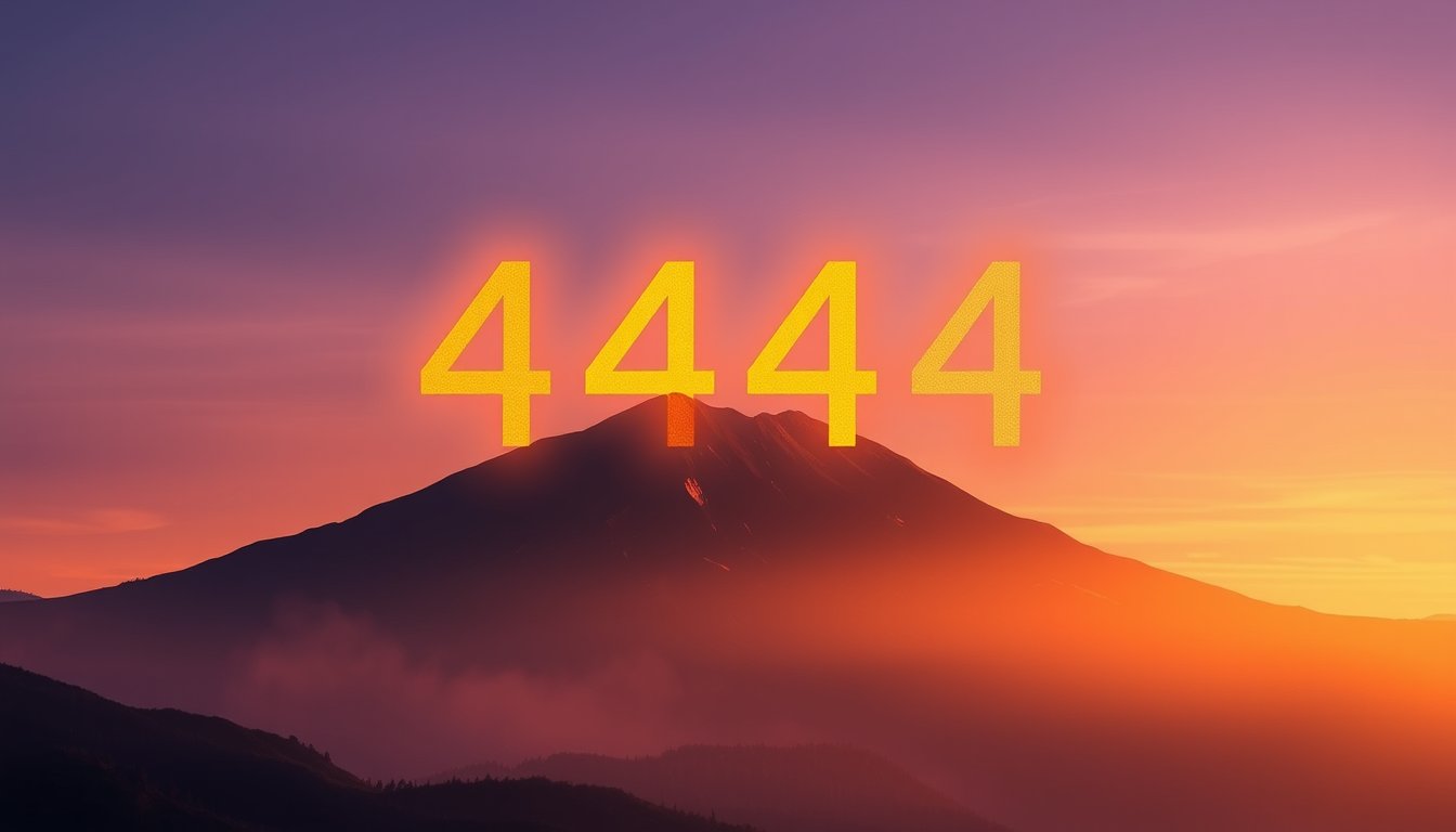 Four glowing golden 444s over a solid mountain silhouette at dawn — angel number 444 meaning, protection and stability