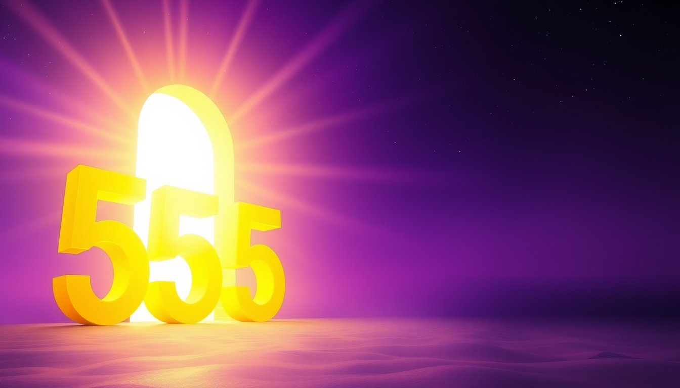 Three glowing golden 555s with a doorway of light opening in the sky — angel number 555 meaning, change and transformation