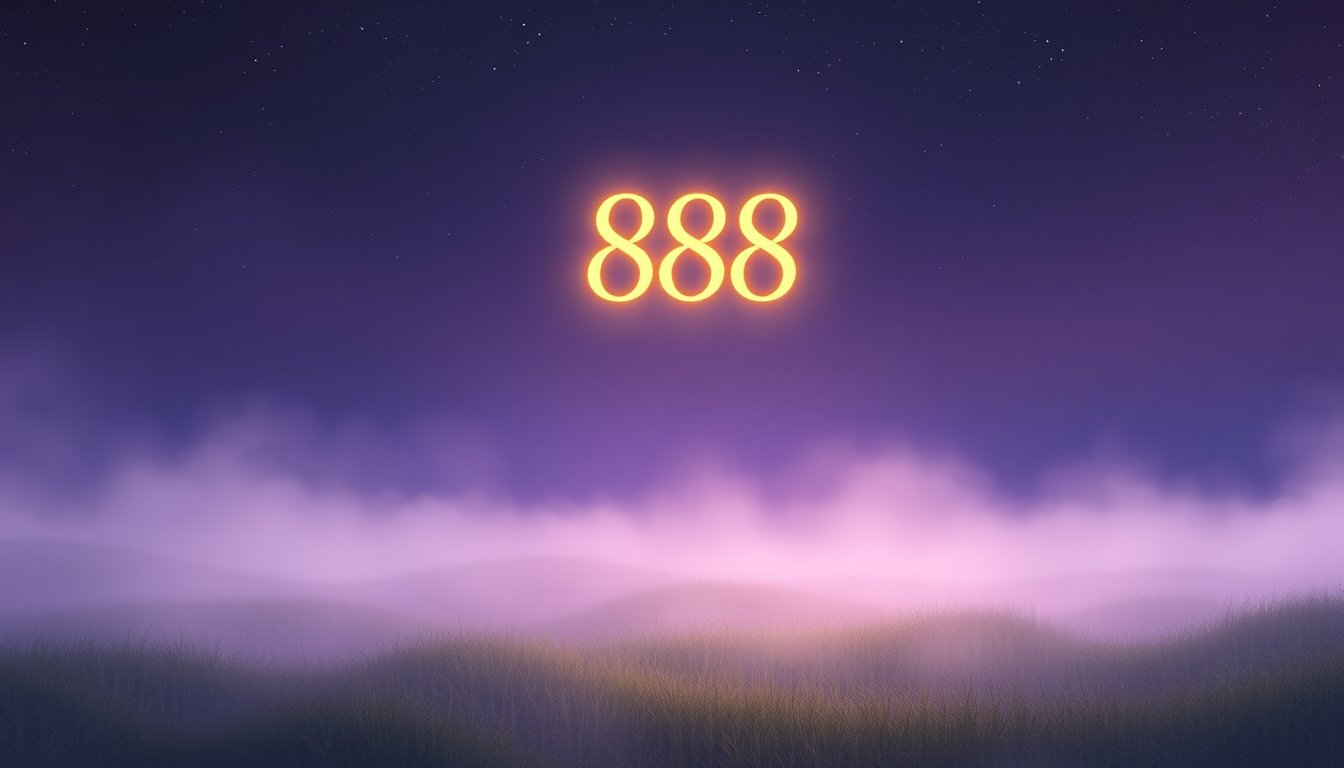 Three glowing golden 888s above a valley of soft golden light — angel number 888 meaning, abundance and infinity
