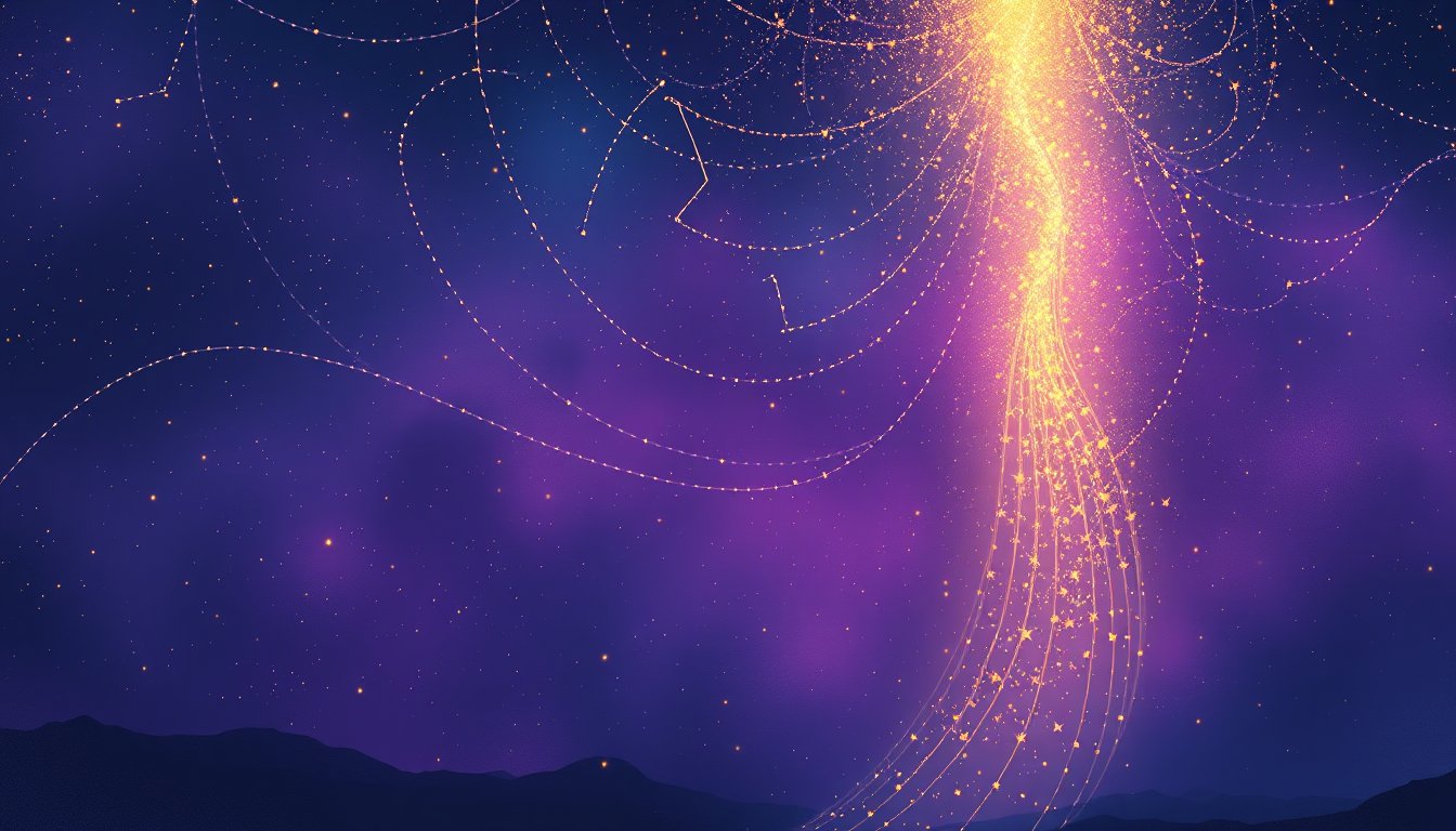 Aquarius water bearer constellation pouring starlight across a violet sky — Aquarius zodiac sign personality, love and career