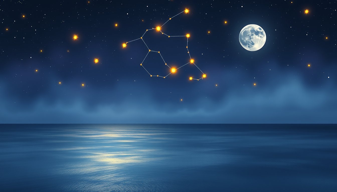 Cancer crab constellation glowing above a silver moonlit sea — Cancer zodiac sign personality, love and career