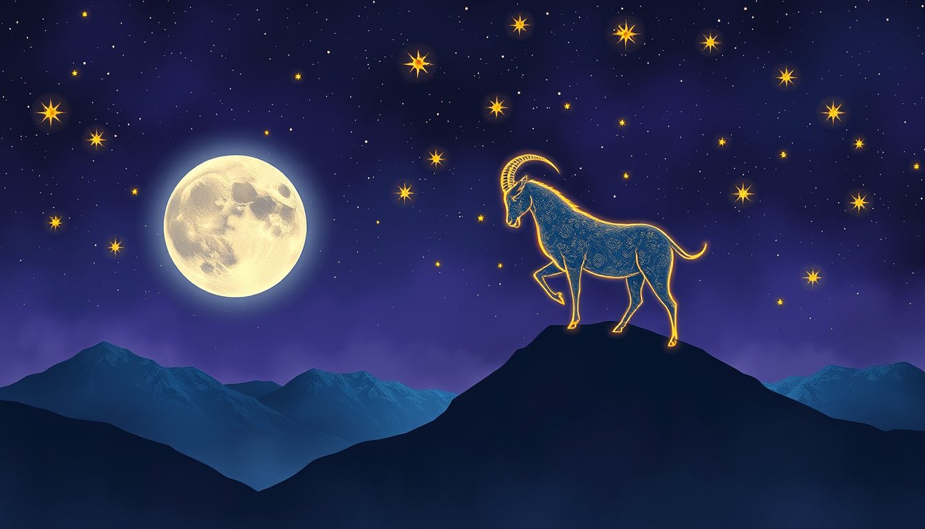 Capricorn sea-goat constellation glowing above moonlit mountain peaks — Capricorn zodiac sign personality, love and career