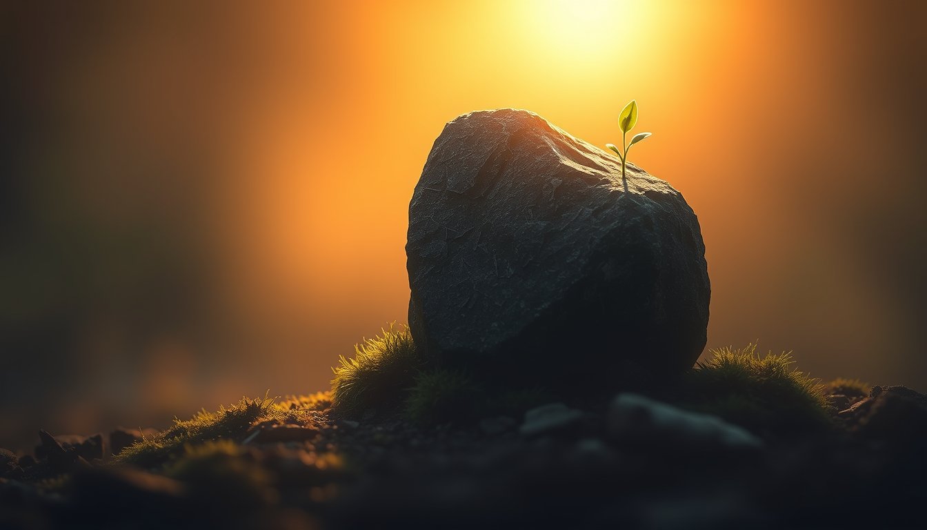 A mossy stone with a small sprouting plant in warm morning light — earth signs Taurus Virgo Capricorn, stability and growth