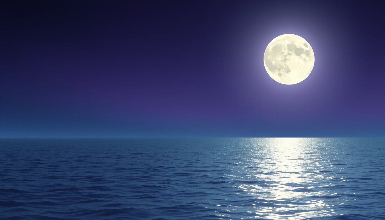 A brilliant full moon rising over a calm silver sea — full moon meaning, energy, release and rituals