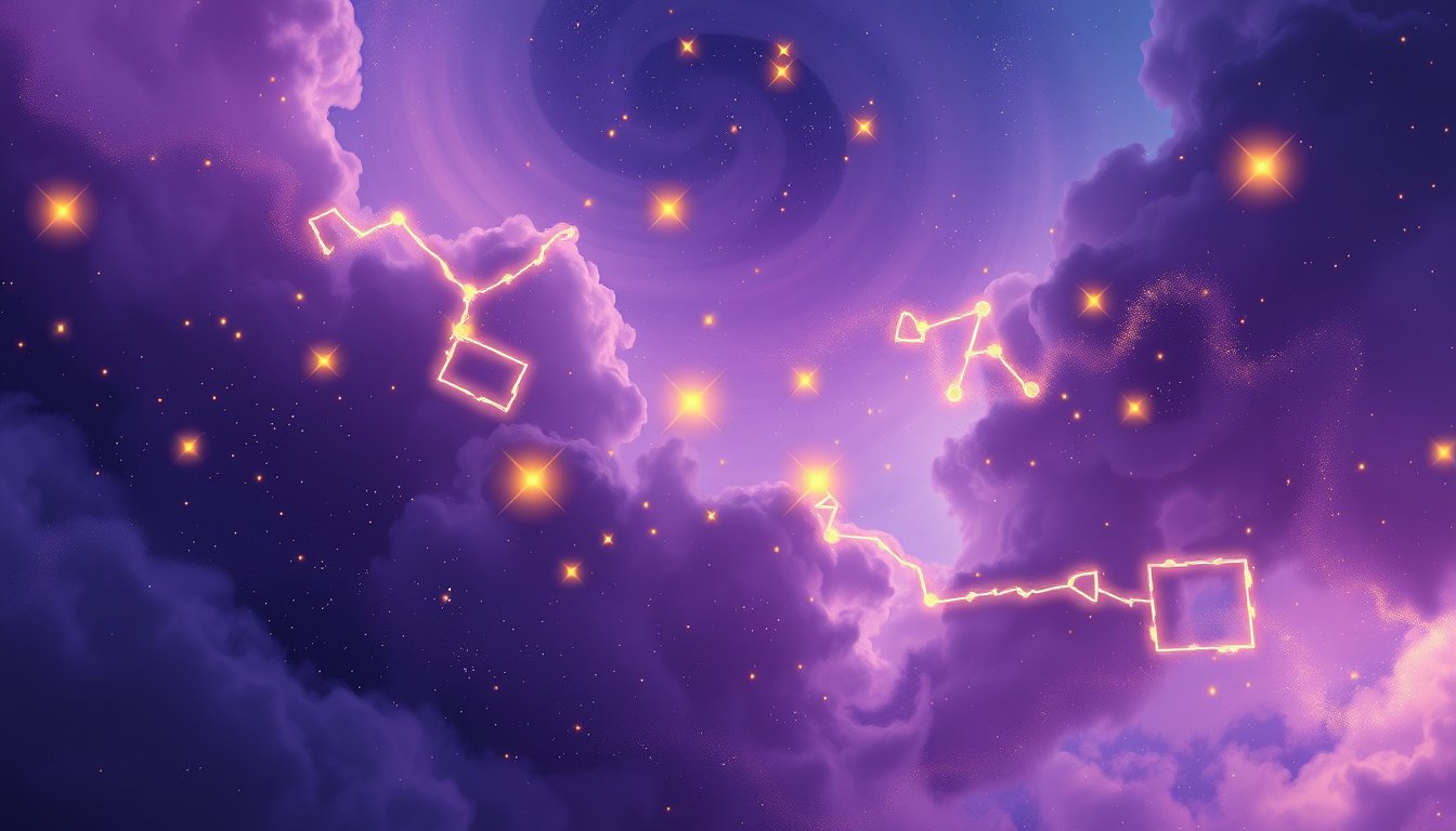 Gemini twin stars constellation glowing in a swirling violet sky — Gemini zodiac sign personality, love and career