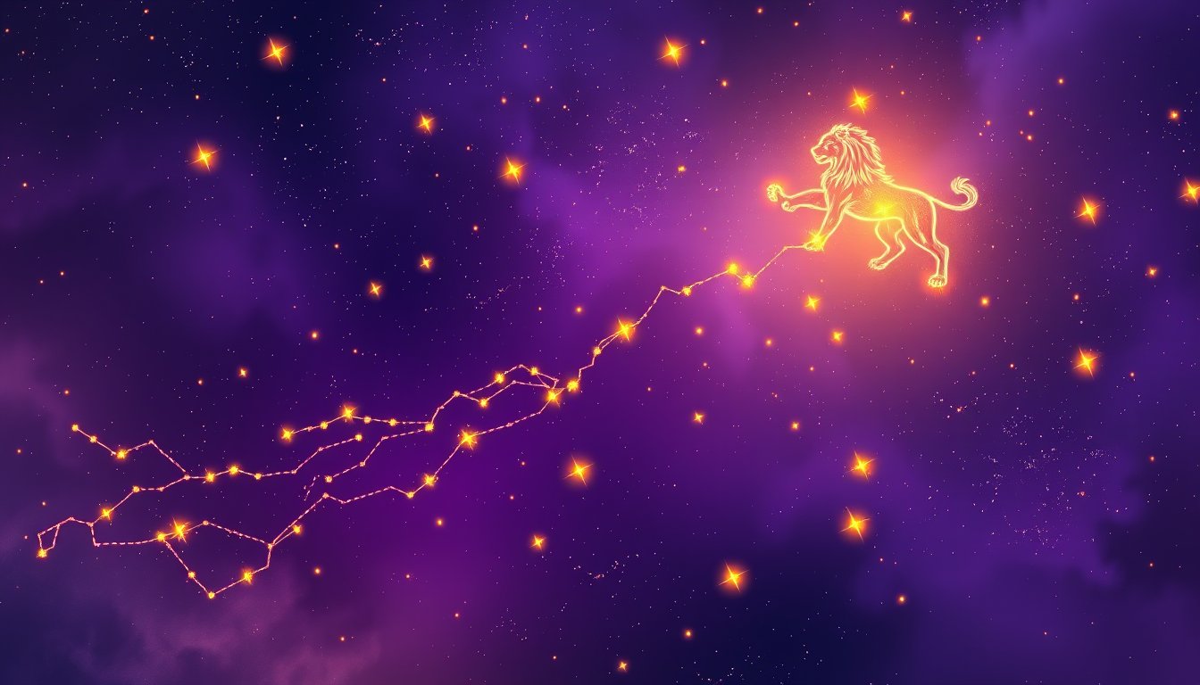 Leo lion constellation blazing gold in a royal violet sky — Leo zodiac sign personality, love and career
