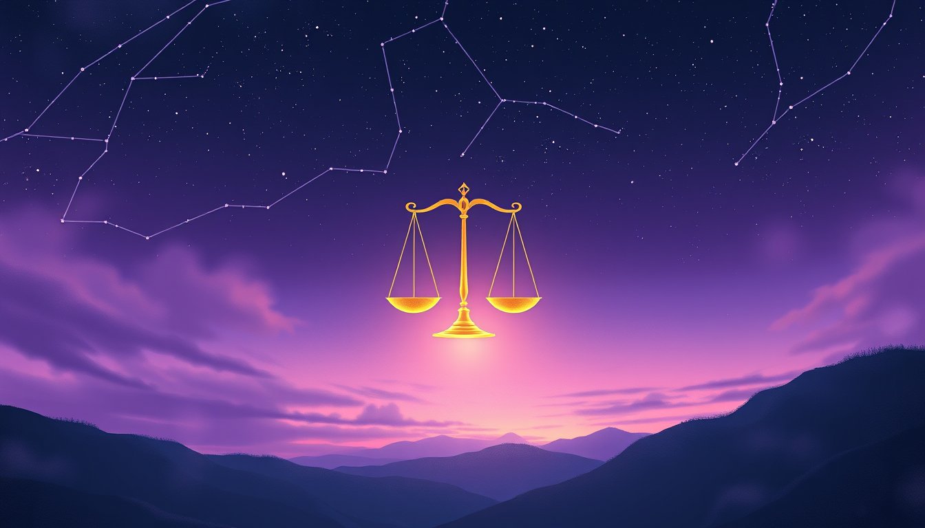 Libra scales constellation balanced in golden light under a violet sky — Libra zodiac sign personality, love and career