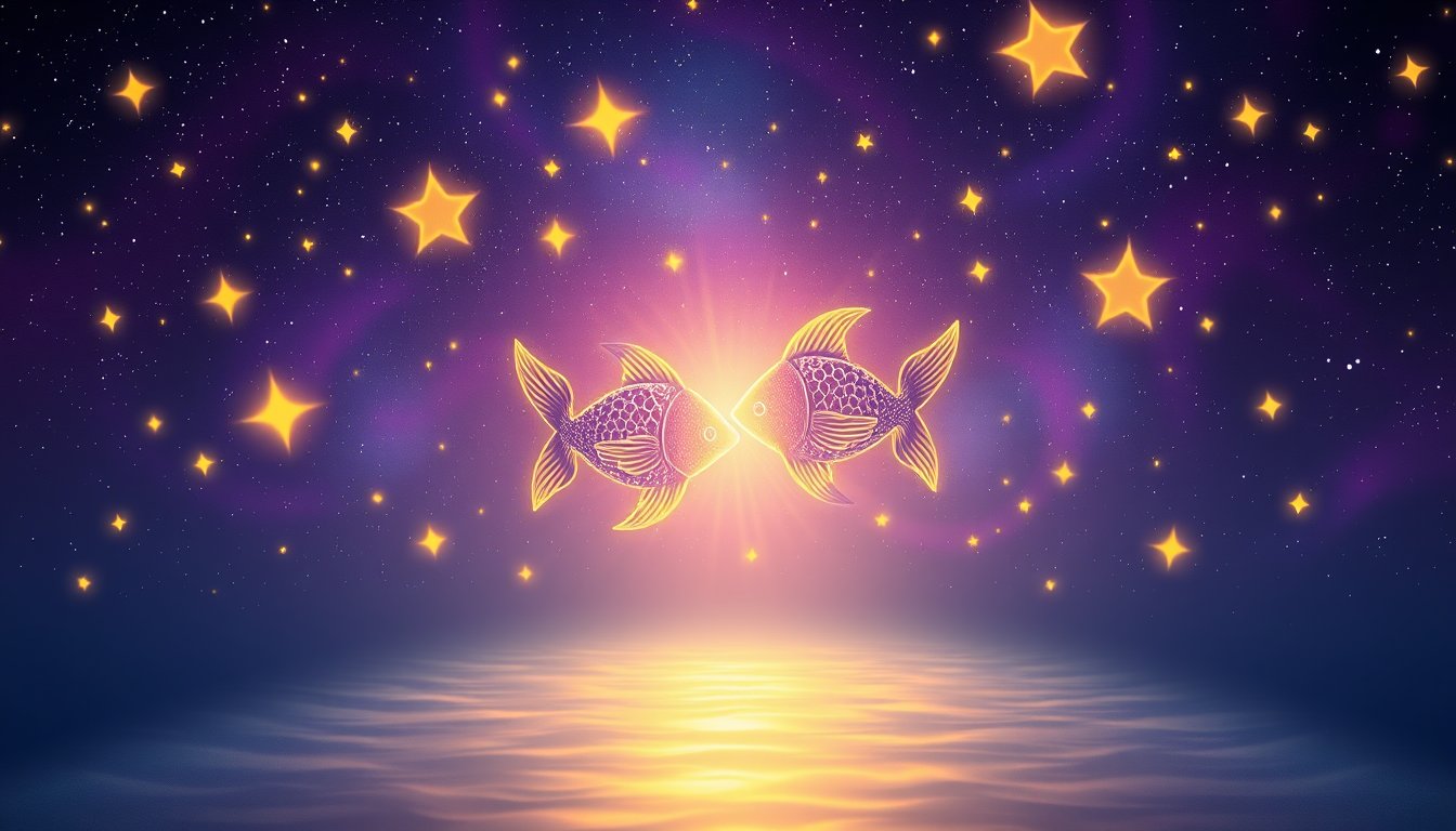Pisces twin fish constellation swimming through a glowing violet sea of stars — Pisces zodiac sign personality, love and career