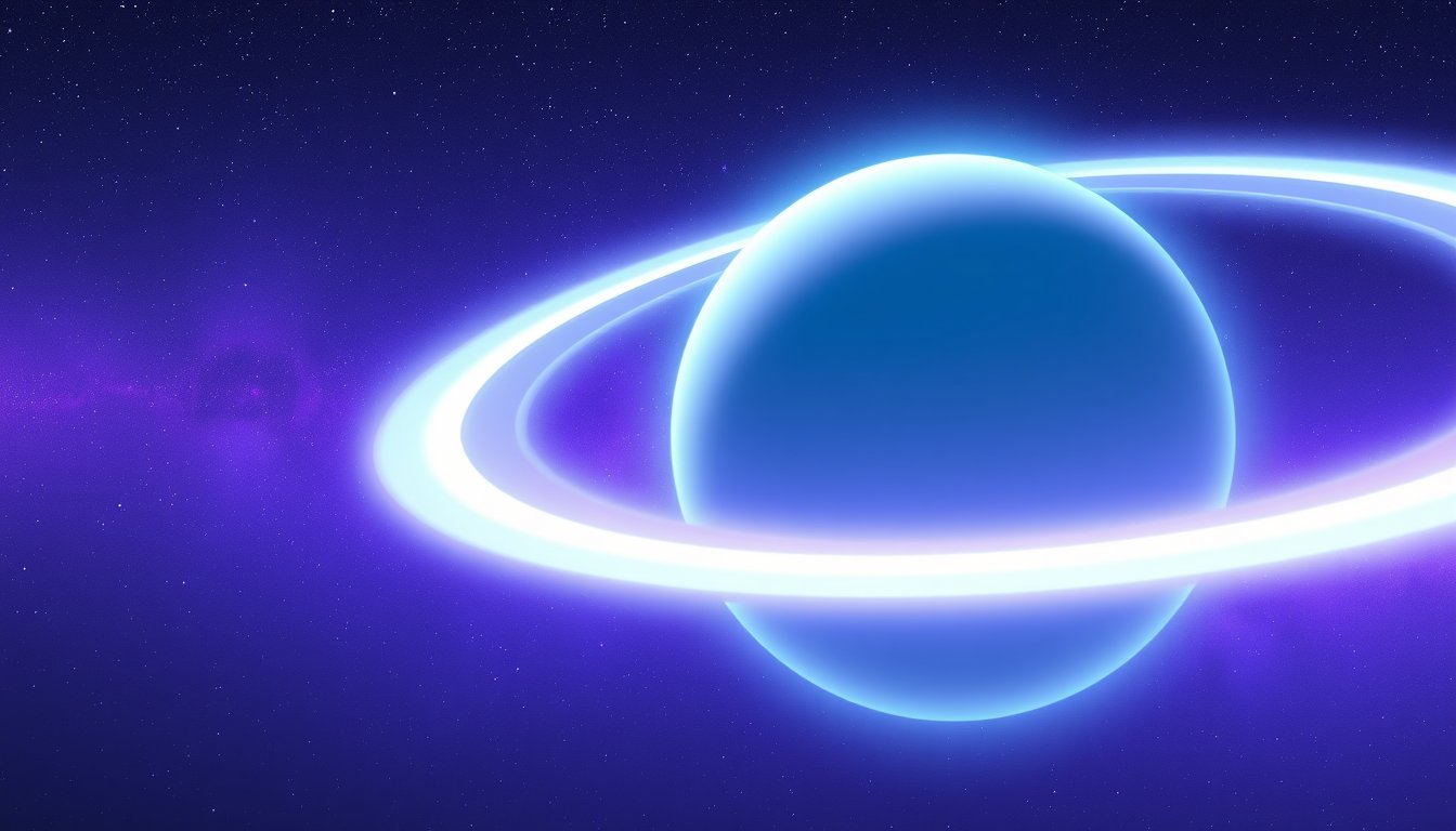 A pale aqua planet with a tilted ring glowing in a starry violet sky — uranus retrograde meaning, change and freedom