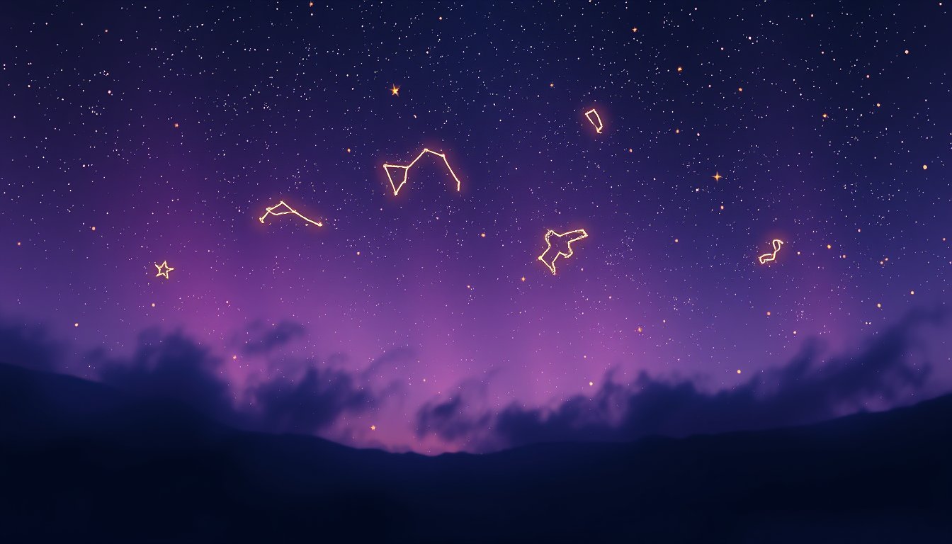 Virgo maiden constellation glowing softly in a starlit violet sky — Virgo zodiac sign personality, love and career