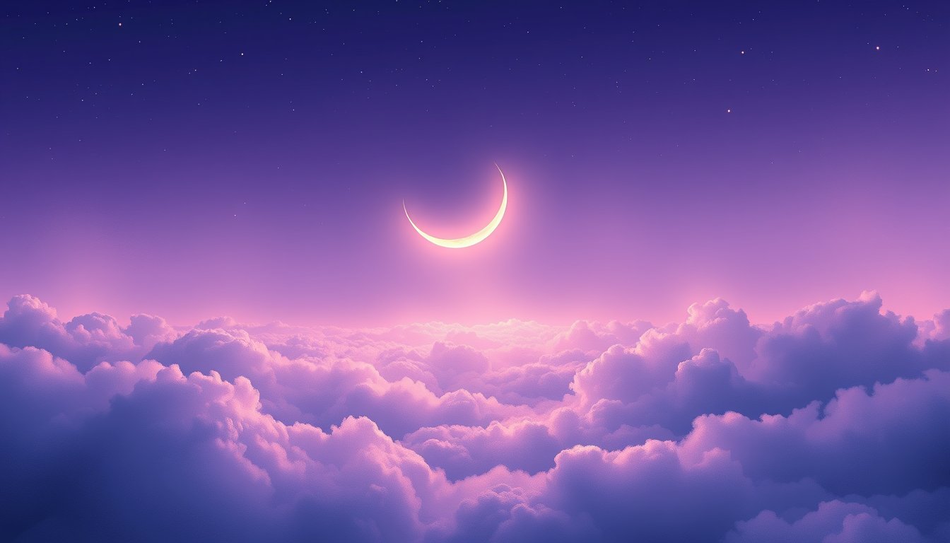 A slender waxing crescent moon glowing above soft clouds — waxing crescent moon meaning, growth and hope